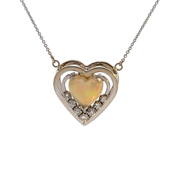 Opal and Diamond Heart Shaped Pendant in 14 kt White Gold