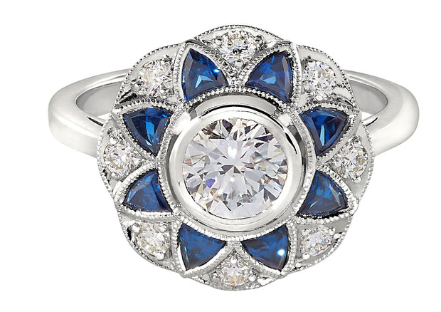 Art Deco Style Diamond and Sapphire Ring in 14 kt White Gold