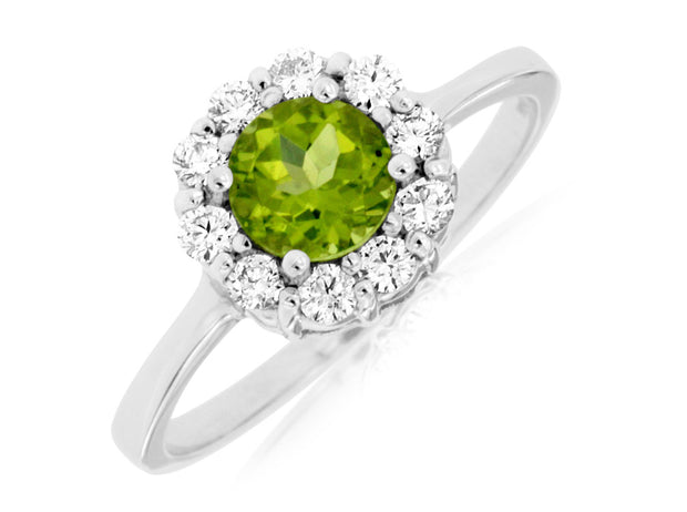 Peridot and Diamond Halo Ring in 14 kt White Gold