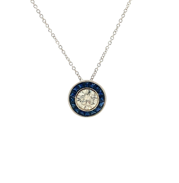 Art Deco Style Diamond and Sapphire Pendant in 14 kt White Gold