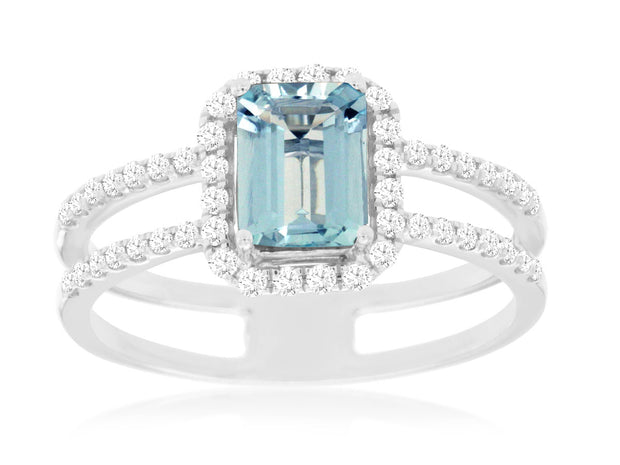Aquamarine and Diamond Halo Ring in 14 kt White Gold