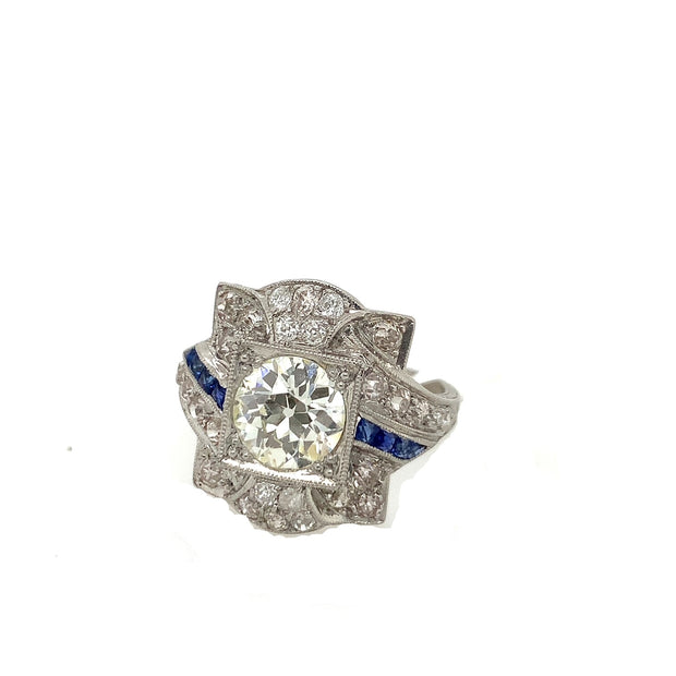 1.37 ct Old European Cut Art Deco Diamond and Sapphire Ring in Platinum