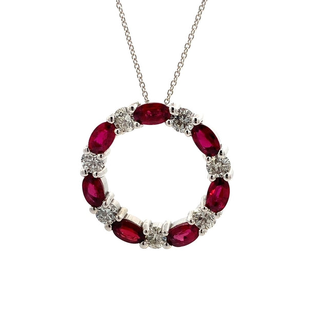Ruby and Diamond Circle Pendant in 14 kt White Gold