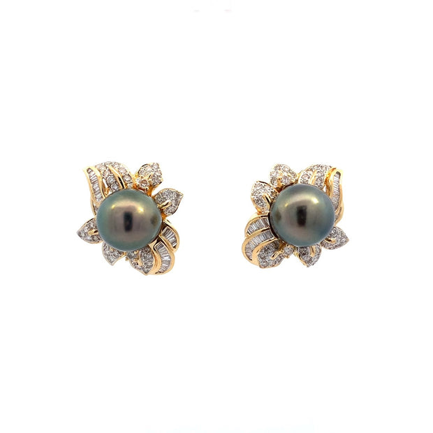 12.5-13.00 mm Tahitian Pearl and Diamond Earrings in 18 kt Yellow Gold