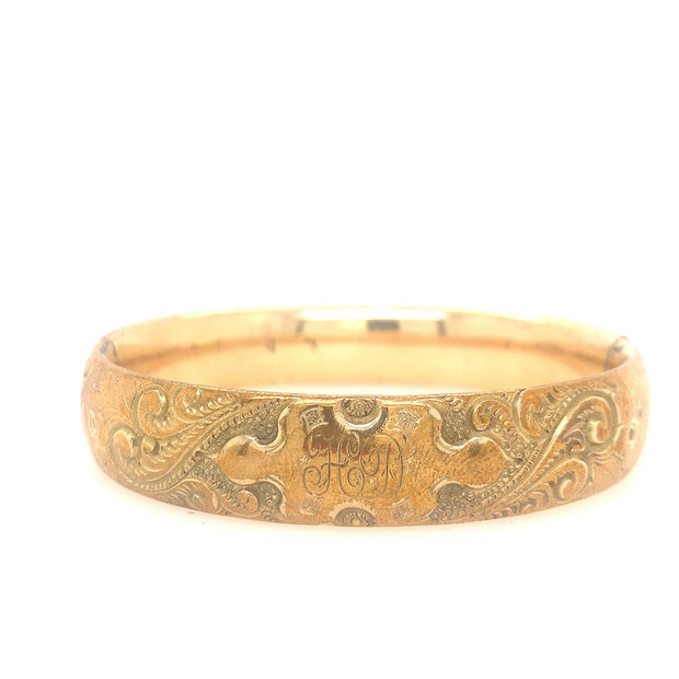 Vintage Gold Filled Bangle Bracelet with Cartouche and Flowers