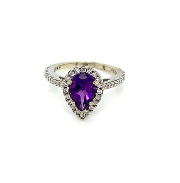 Pear Shaped Amethyst and Diamond Ring in 14 kt White Gold