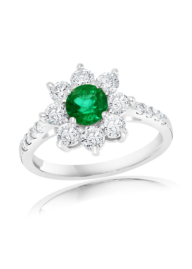 Emerald and Diamond Ring in 14 kt white gold