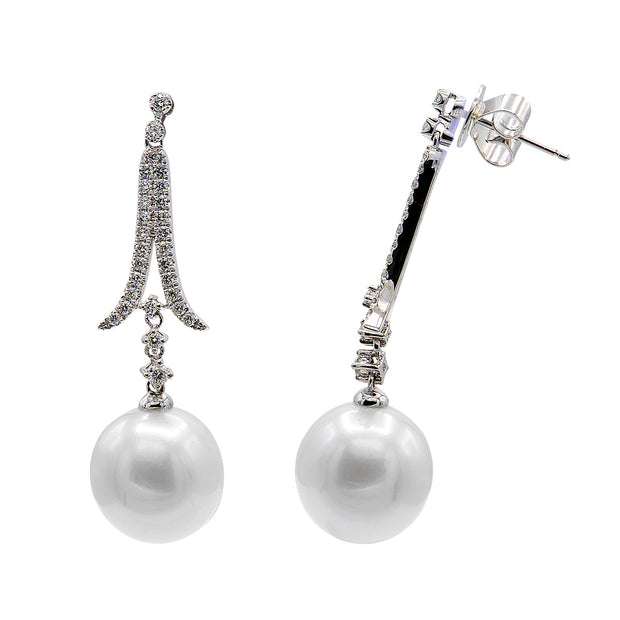 South Sea Pearl and Diamond Drop Earrings in 18 kt white gold