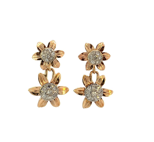 Vintage Floral Design Diamond Drop Earrings in 10 kt Yellow Gold