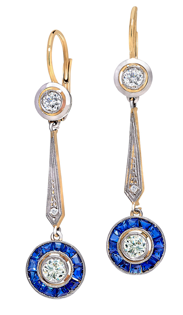Art Deco Diamond and Sapphire Drop Earrings in 18kt white gold