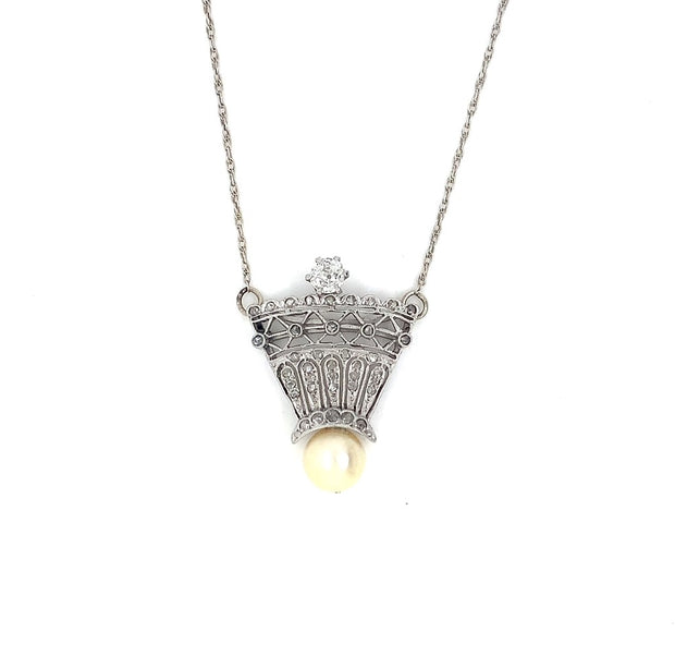 Antique Diamond and Pearl Pendant in Platinum on 14 kt White Gold Chain