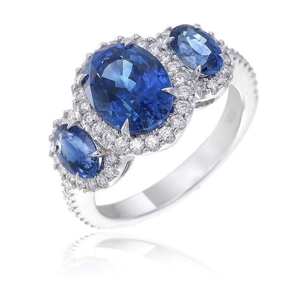 3 Stone Sapphire and Diamond Ring in 18 kt White Gold