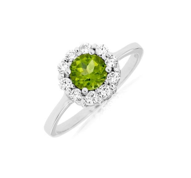 Peridot and Diamond Halo Ring in 14 kt White Gold