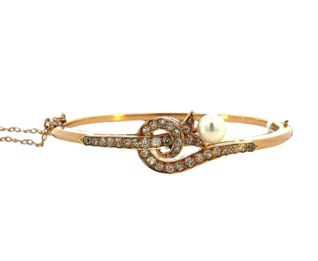 Antique Diamond and Pearl Bangle Bracelet in 14 kt Yellow Gold