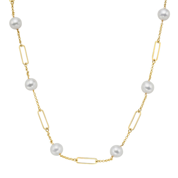 Freshwater Pearl Tin Cup Style Necklace with Open Link Chain in 14 kt Yellow Gold