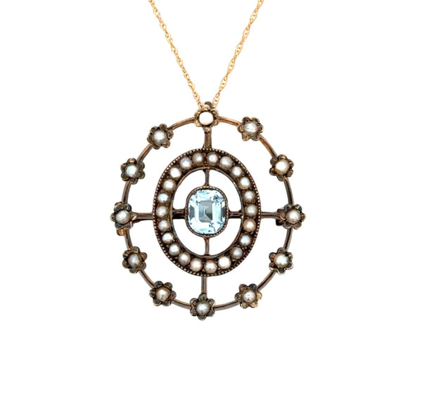 Antique Aquamarine and Pearl Pendant/Pin in 10 kt Yellow Gold