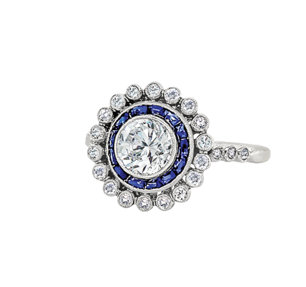 Vintage Art Deco Style Diamond and Sapphire Ring in Platinum