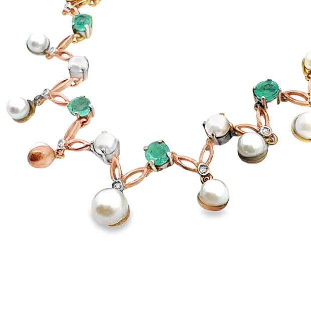 Vintage Emerald, Pearl and Diamond Necklace in 14 kt and 18 kt Yellow Gold