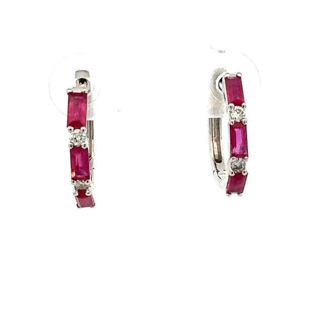 Ruby and Diamond Hoop Earrings in 14 kt White Gold