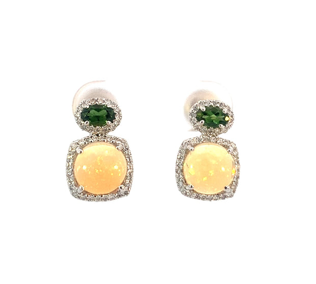 Opal, Tourmaline and Diamond Earrings in 14 kt White Gold