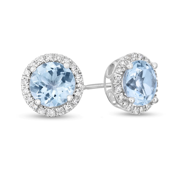 Aquamarine and Diamond Halo Earrings in 14 kt White Gold