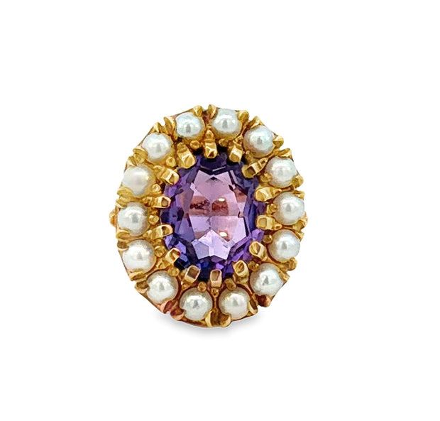 Vintage Amethyst and Pearl Ring in 14 kt Yellow Gold