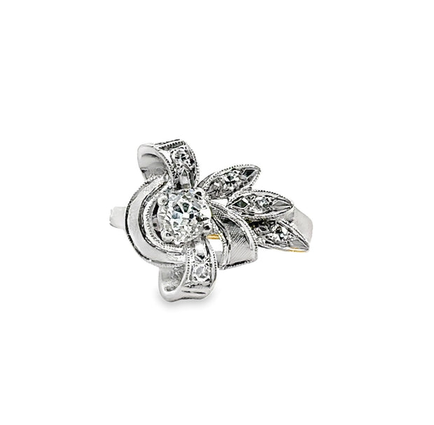 Antique Old Mine Cut Diamond Ring in 14 kt White and Yellow Gold