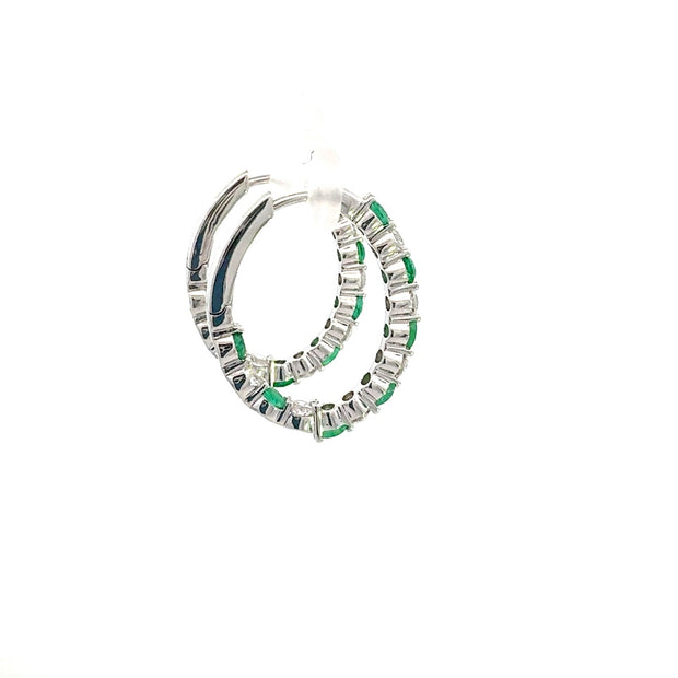 Emerald and Diamond Hoop Earrings in 18 kt White Gold