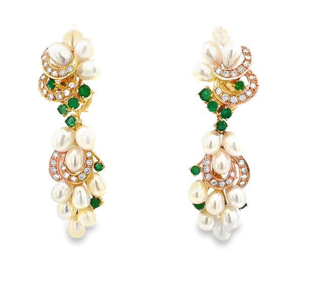 Vintage Pearl, Emerald and Diamond Earrings in 14 kt Yellow Gold