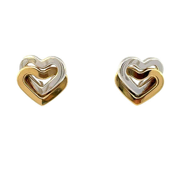 Gold Double Heart Earrings in 14 kt White and Yellow Gold