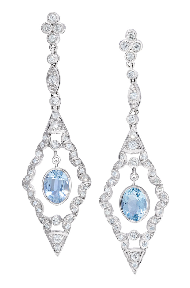 Vintage Aquamarine and Diamond Drop Earrings in Platinum