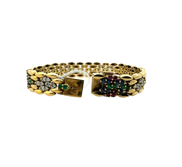 Vintage Diamond, Emerald, Sapphire and Ruby Bracelet in 18 kt Yellow Gold