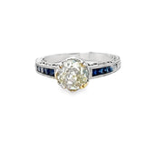 Old European Cut Diamond and Sapphire Ring in 14 kt White Gold