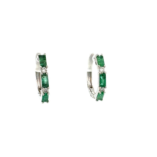 Emerald and Diamond Hoop Earrings in 14 kt White Gold