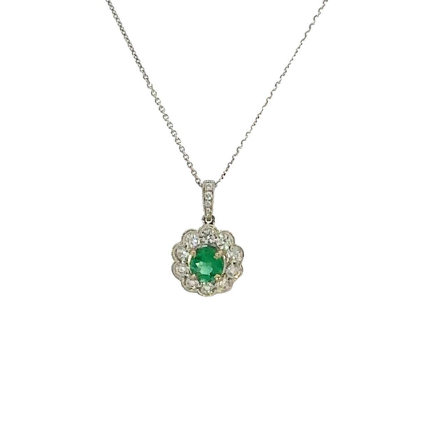 Emerald and Diamond Pendant in 18 kt White Gold on a 14 kt White Gold Chain