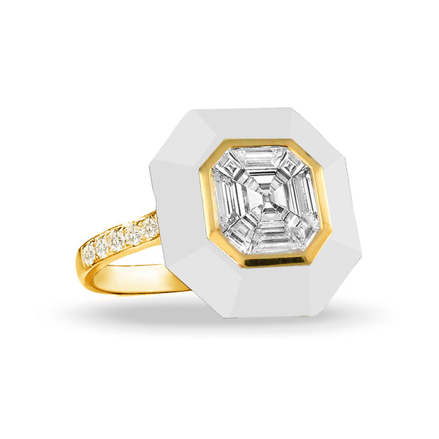 Art Deco Style Diamond and White Agate Ring in 18 kt yellow gold, from Doves by Doron Paloma