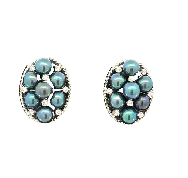 Vintage Black Pearl and Diamond Earrings in 14 kt White Gold