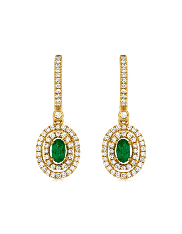 Emerald and Diamond Drop Earrings in 14 kt Yellow Gold