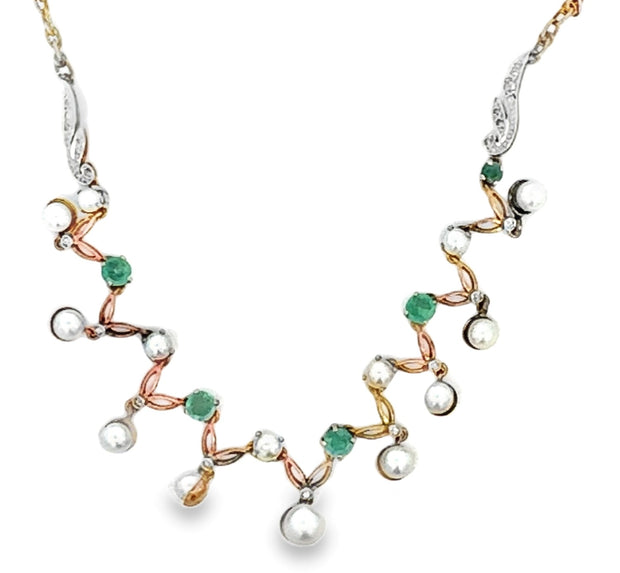 Vintage Emerald, Pearl and Diamond Necklace in 14 kt and 18 kt Yellow Gold