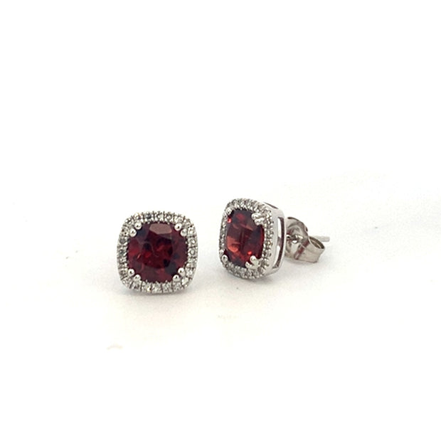 Cushion Cut Garnet and Diamond Halo Earrings in 14 kt White Gold
