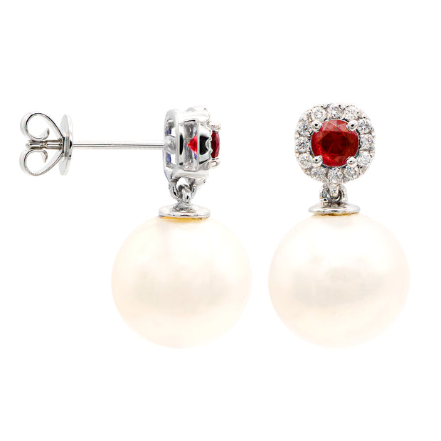 Pearl, Ruby and Diamond Earrings in 14 kt White Gold