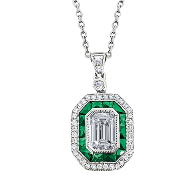 Emerald Cut Diamond and Emerald Pendant in 18 kt White Gold