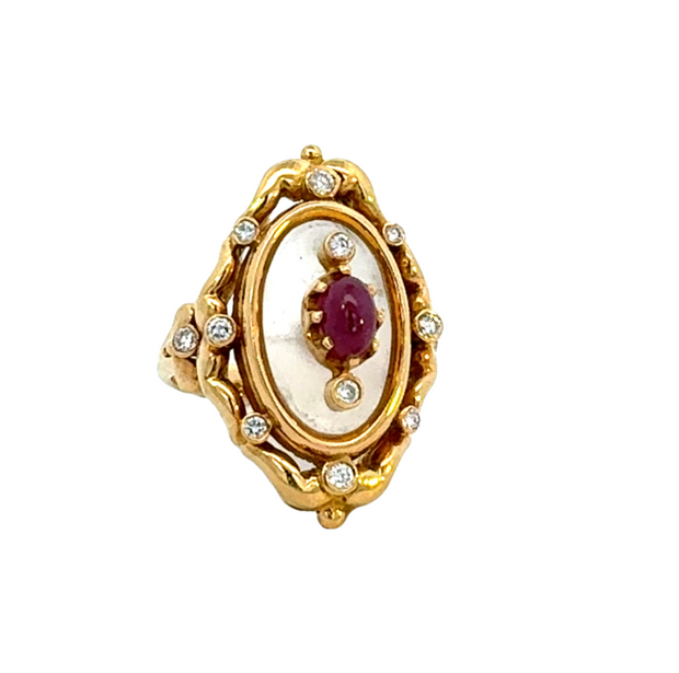 Vintage Diamond, Ruby and Rock Quartz Ring by Lalounis in 18 kt Yellow Gold