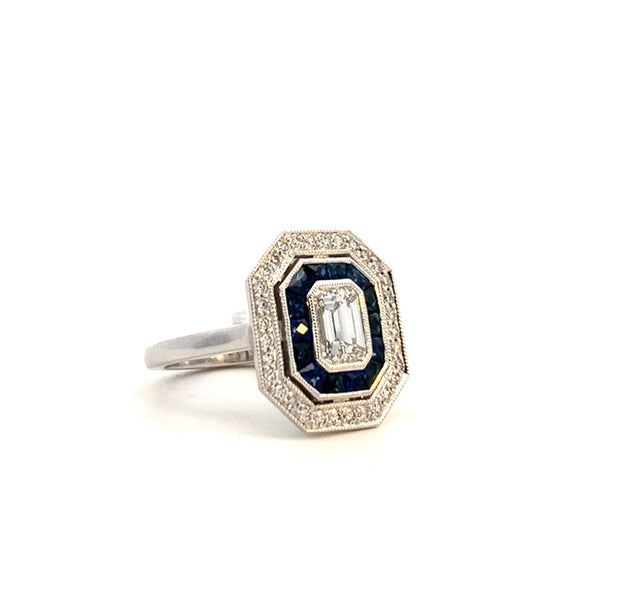 1.02 carat Emerald Cut Diamond and Sapphire Ring in 14 kt White Gold