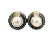 Vintage Mazza Pearl, Hematite and Diamond Earrings in 14 kt Yellow Gold