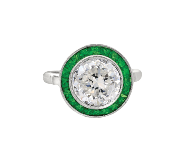 2.47 carat Old European Cut Diamond and Emerald Ring in 14 kt White Gold