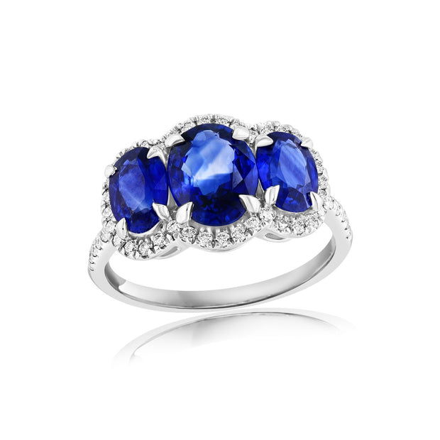 Three Stone Sapphire and Diamond Ring in 18 kt White Gold