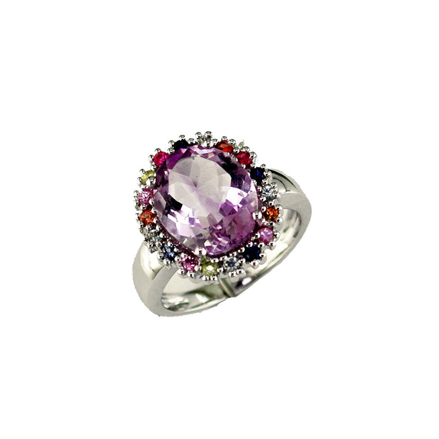 Amethyst and Multi-Colored Sapphire Ring in 14 kt White Gold