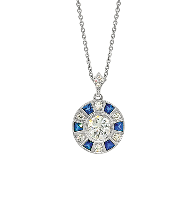 Art Deco Style Diamond and Sapphire Pendant in 14 kt White Gold