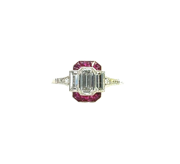 Art Deco Style Diamond and Ruby Ring in Platinum